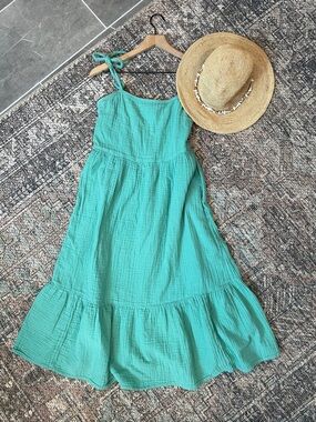 GAP Green Cotton Tiered Midi Sundress Adjustable Straps M